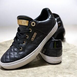 Guess Women Quilted Black Faux Leather Lace Up Sneakers Shoes Gold Logo 91/2